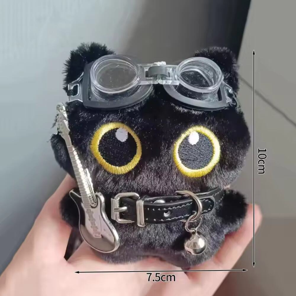 Goth Punk Black Cat Plush Toy with Goggles & Guitar – 10cm Kawaii Soft Doll